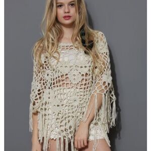 NWOT-Boston Proper Cream Crochet Fringe Slouchy Poncho/Top Style